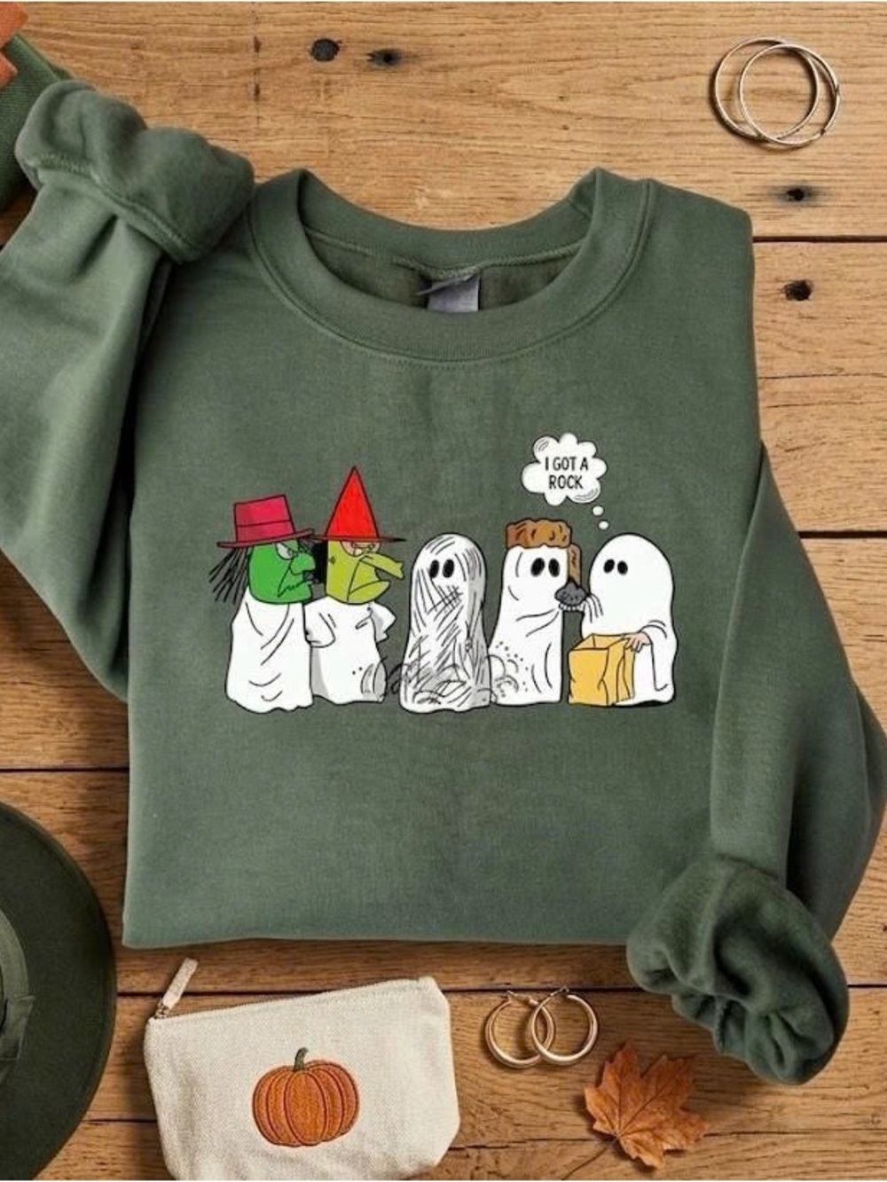 Peanuts Charlie Brown I Got A Rock Halloween Graphic Sweatshirt Green